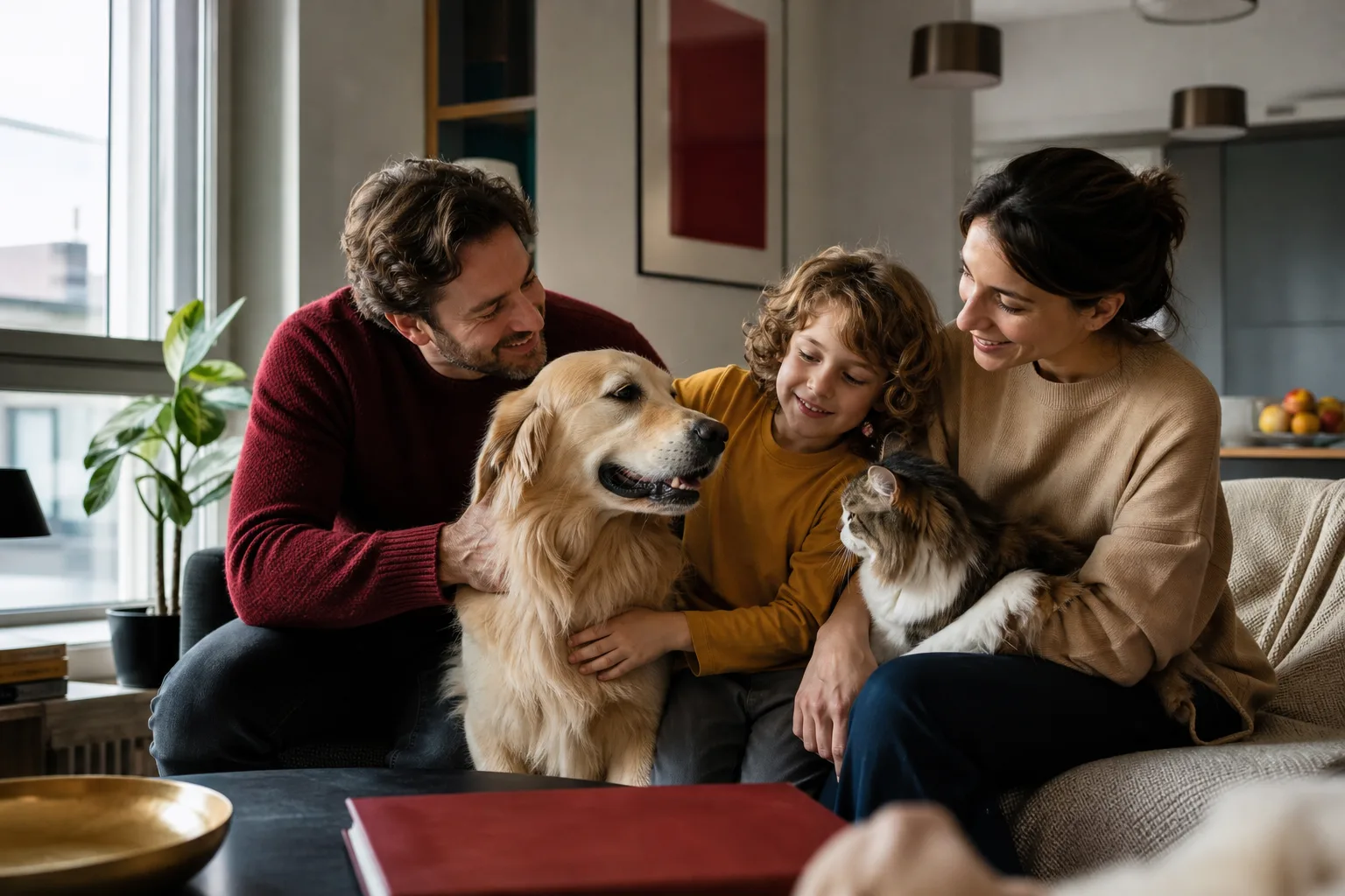 Famiglia in casa con cane e gatto mentre valuta documenti assicurativi e veterinari
