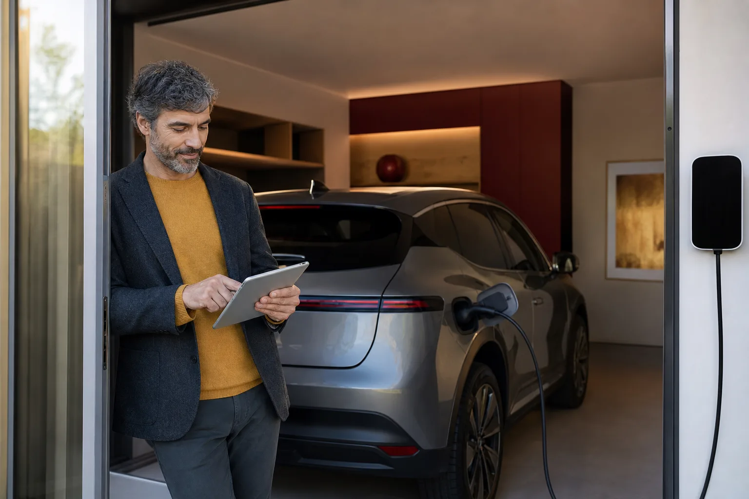 Auto elettrica in ricarica domestica con wallbox e documenti assicurativi su tablet
