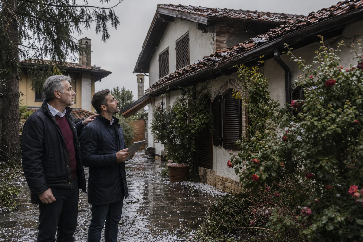 Abitazione dopo un temporale con grandine e proprietario che verifica i danni esterni