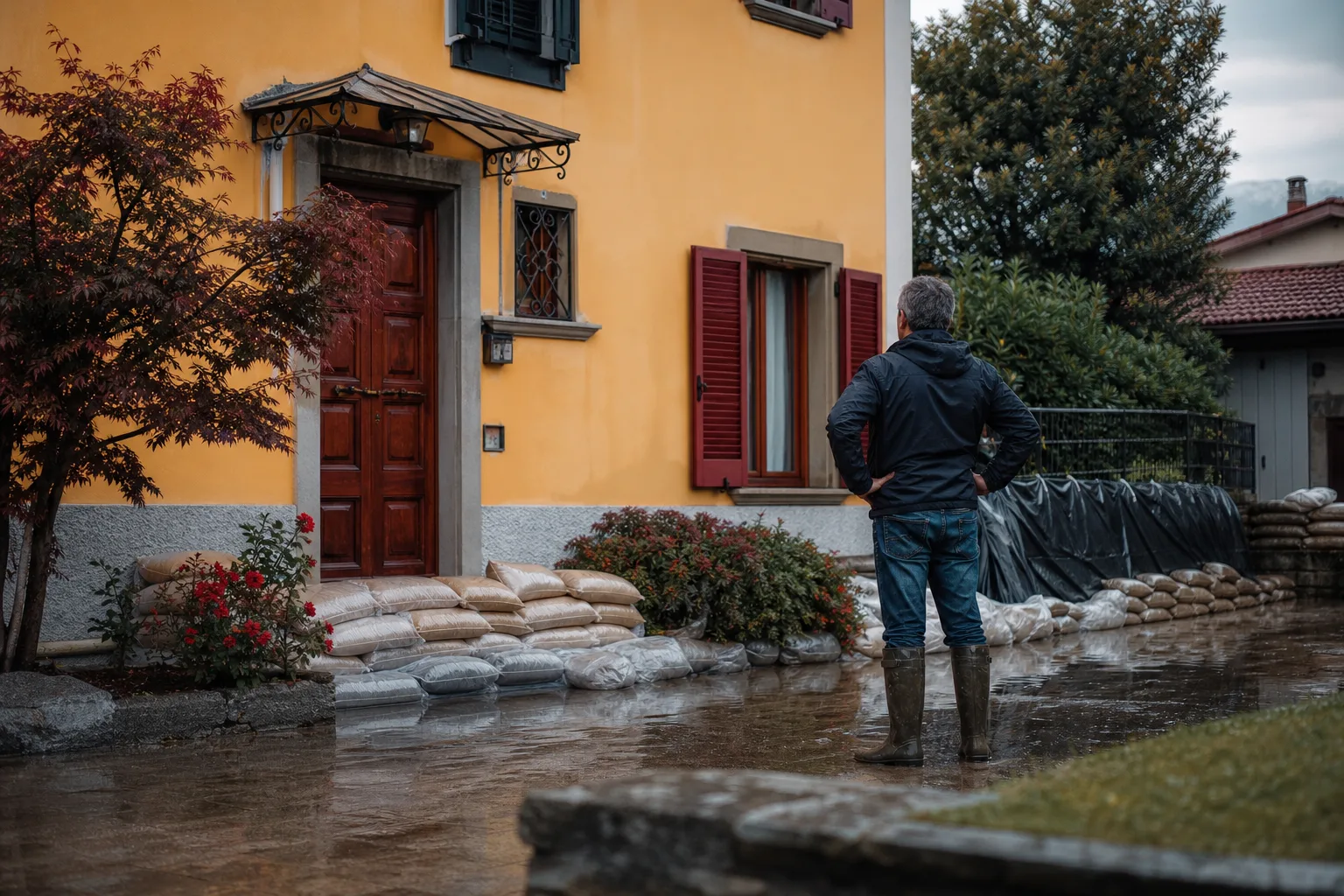 Abitazione familiare protetta dopo forti piogge, tema assicurazione casa contro alluvione e terremoto