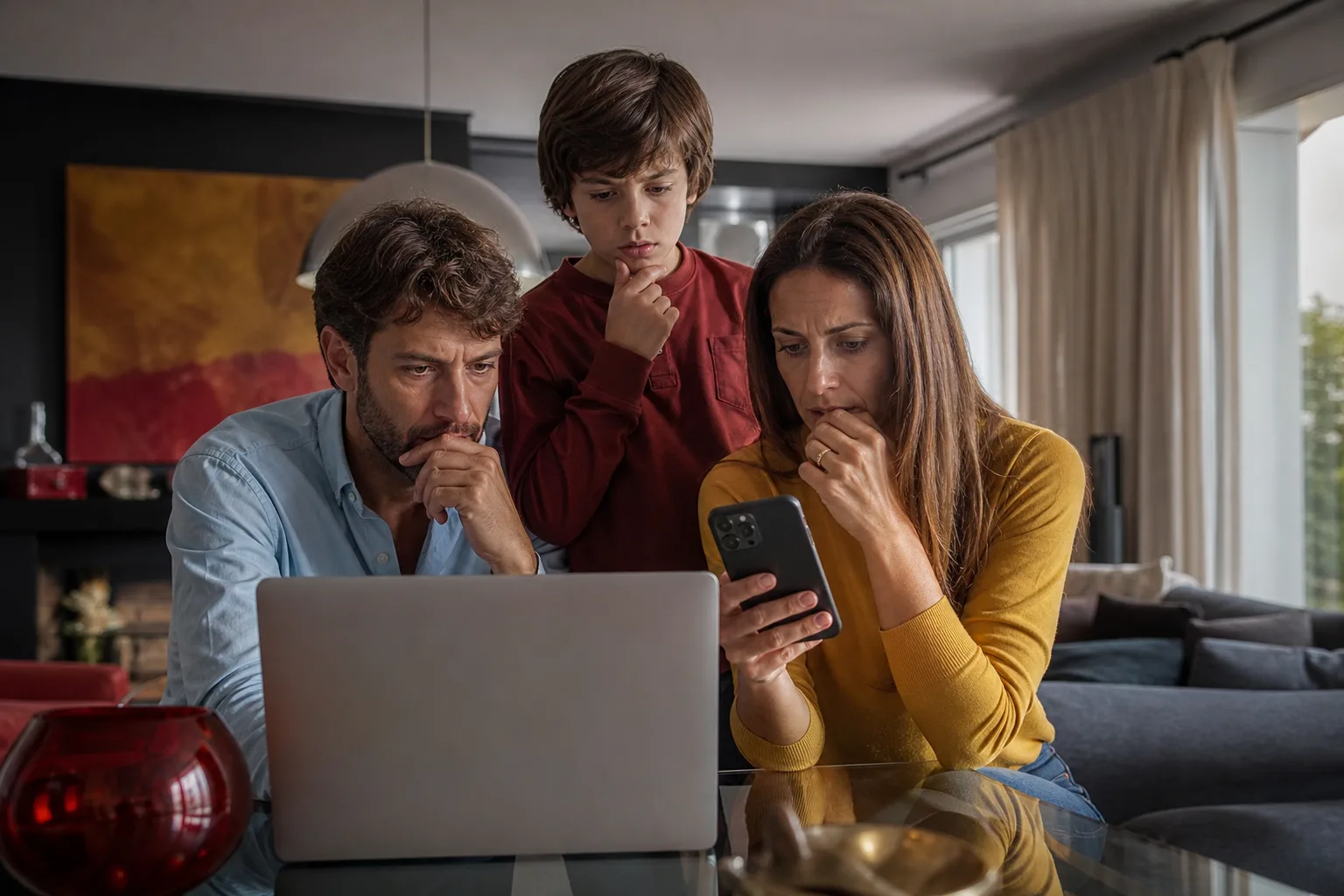 Famiglia davanti a computer e smartphone per valutare i rischi di truffe online e furto di identità