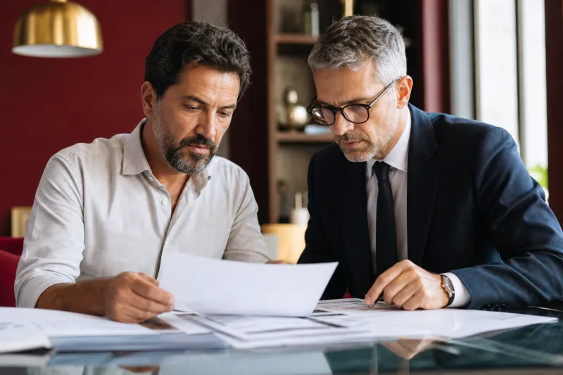 Imprenditore e consulente analizzano fatture e rischio di credito in ufficio