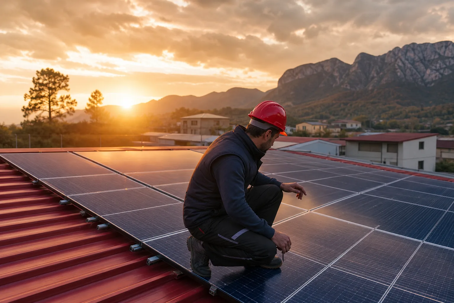 Tecnico controlla pannelli fotovoltaici sul tetto di un edificio aziendale