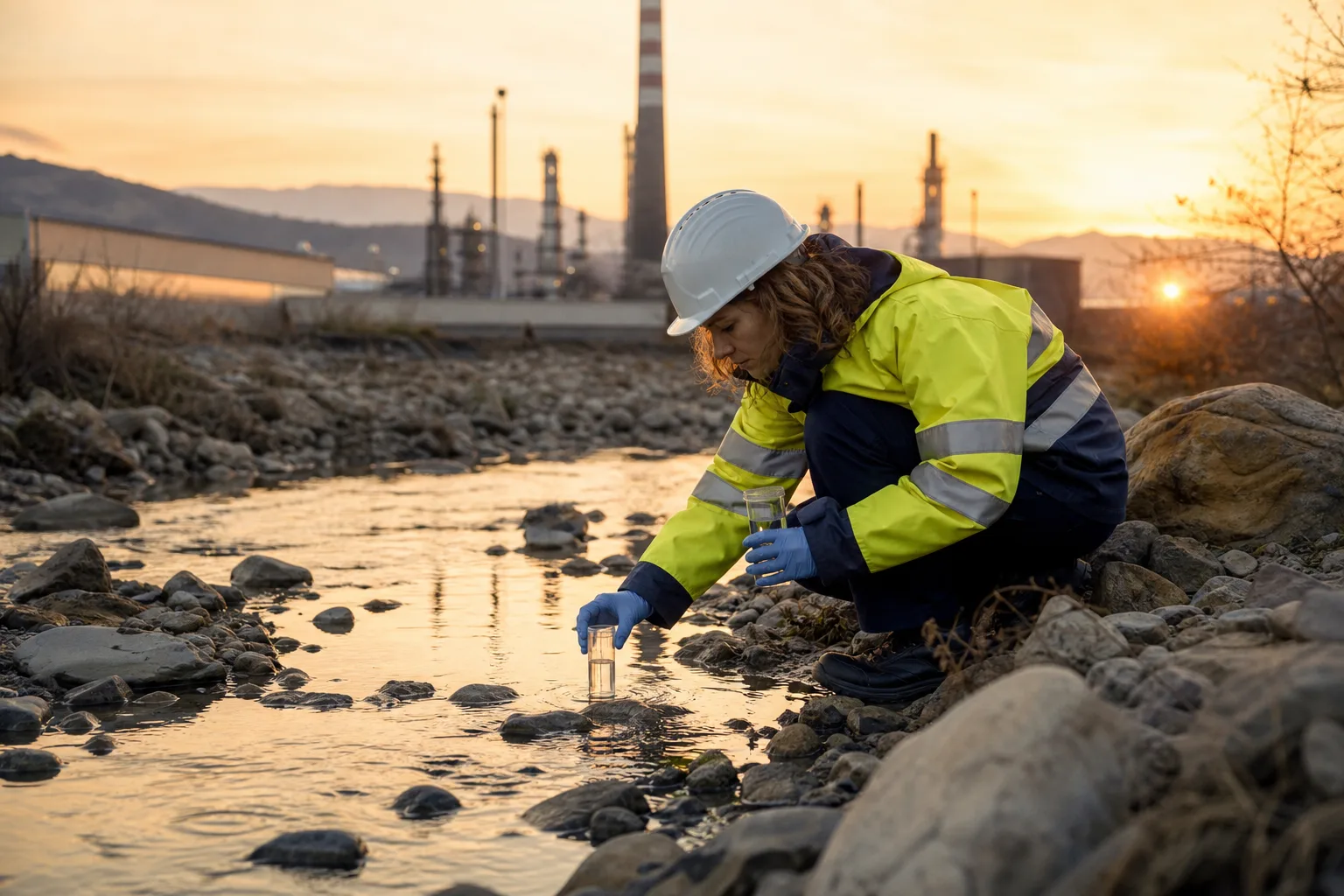 Tecnico ambientale con casco e giacca ad alta visibilità preleva un campione d'acqua da un torrente vicino a un sito industriale