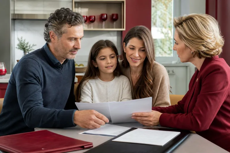 Famiglia che valuta una copertura sanitaria integrativa con documenti assicurativi sul tavolo