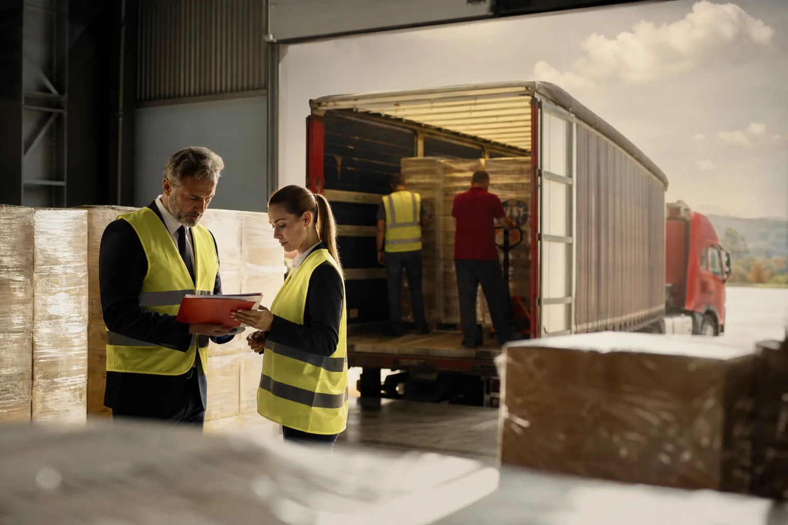 Magazzino logistico con camion in carico e operatori che controllano documenti di spedizione