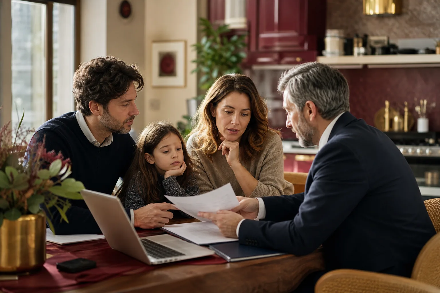 Famiglia che esamina documenti legali con un consulente a casa