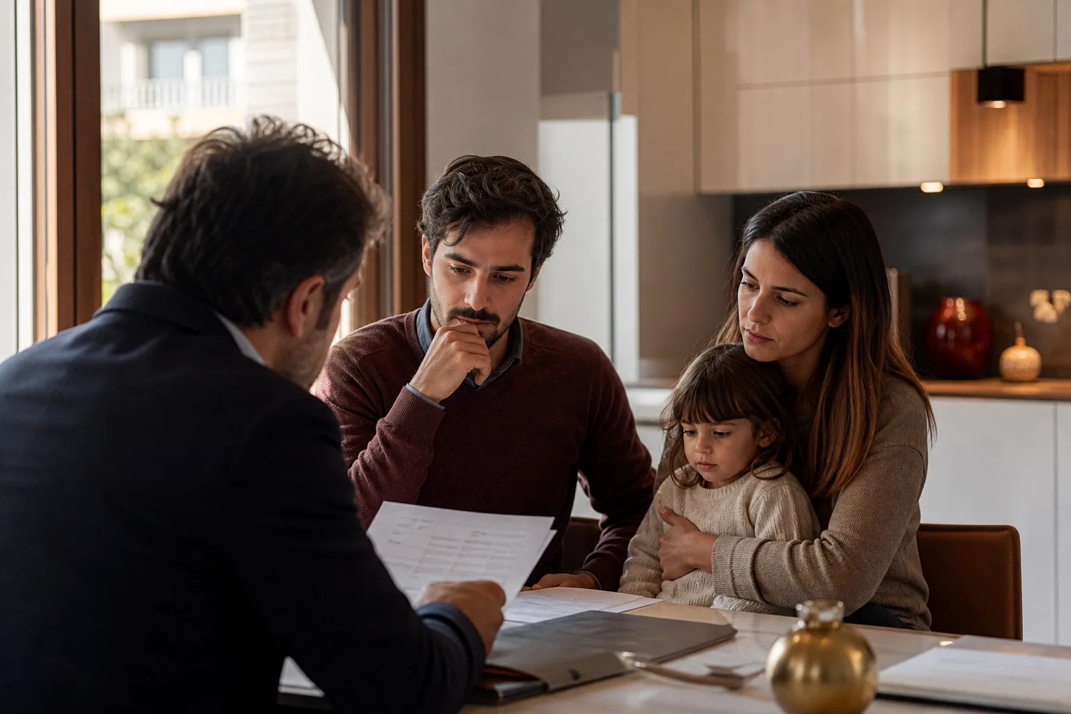 Famiglia che valuta documenti di mutuo e assicurazione vita temporanea caso morte