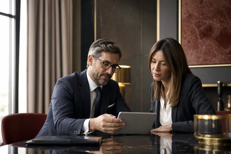Consulente assicurativo e cliente consultano una pratica digitale su tablet in ufficio
