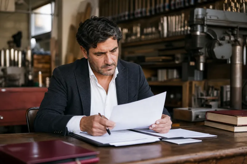 Imprenditore di una piccola impresa mentre verifica documenti assicurativi e beni aziendali.