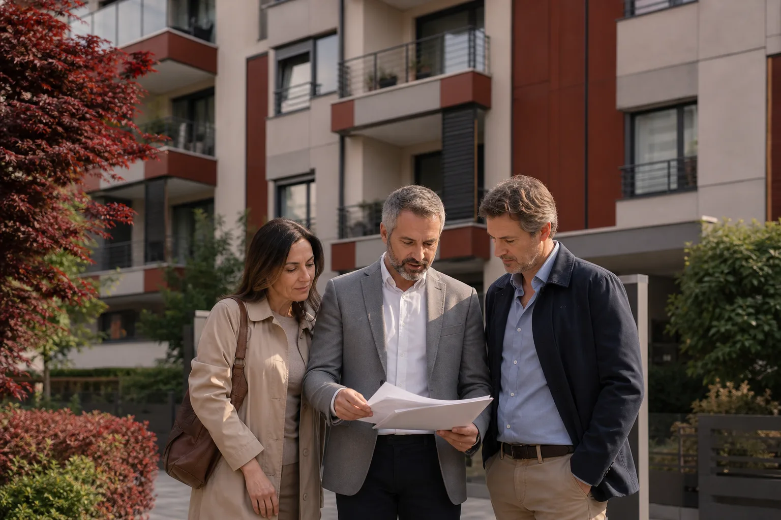 Amministratore e condomini davanti a un edificio residenziale per valutare la polizza condominio
