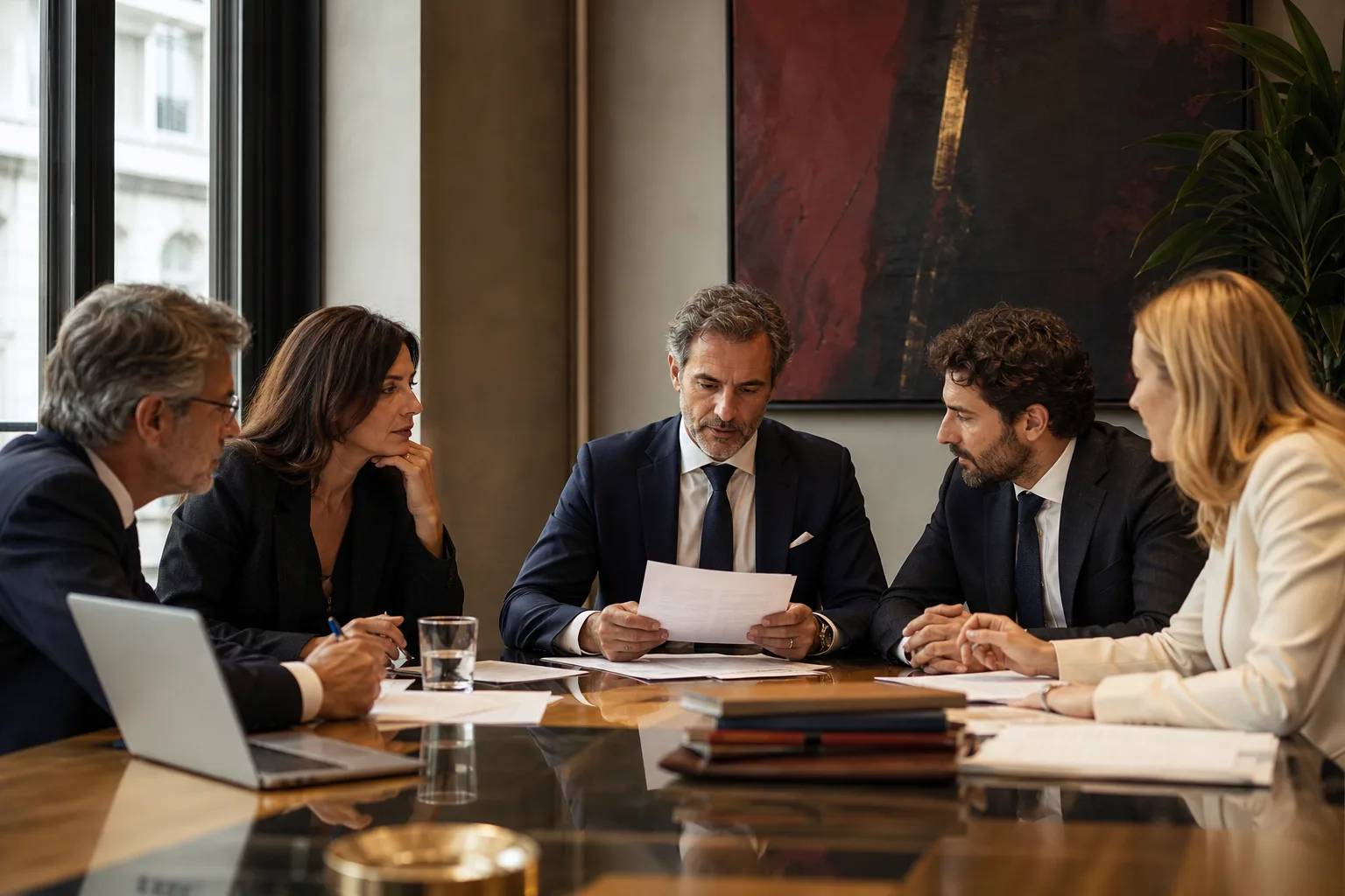 Riunione tra imprenditori e consulenti per un’operazione M&A con documenti contrattuali sul tavolo.