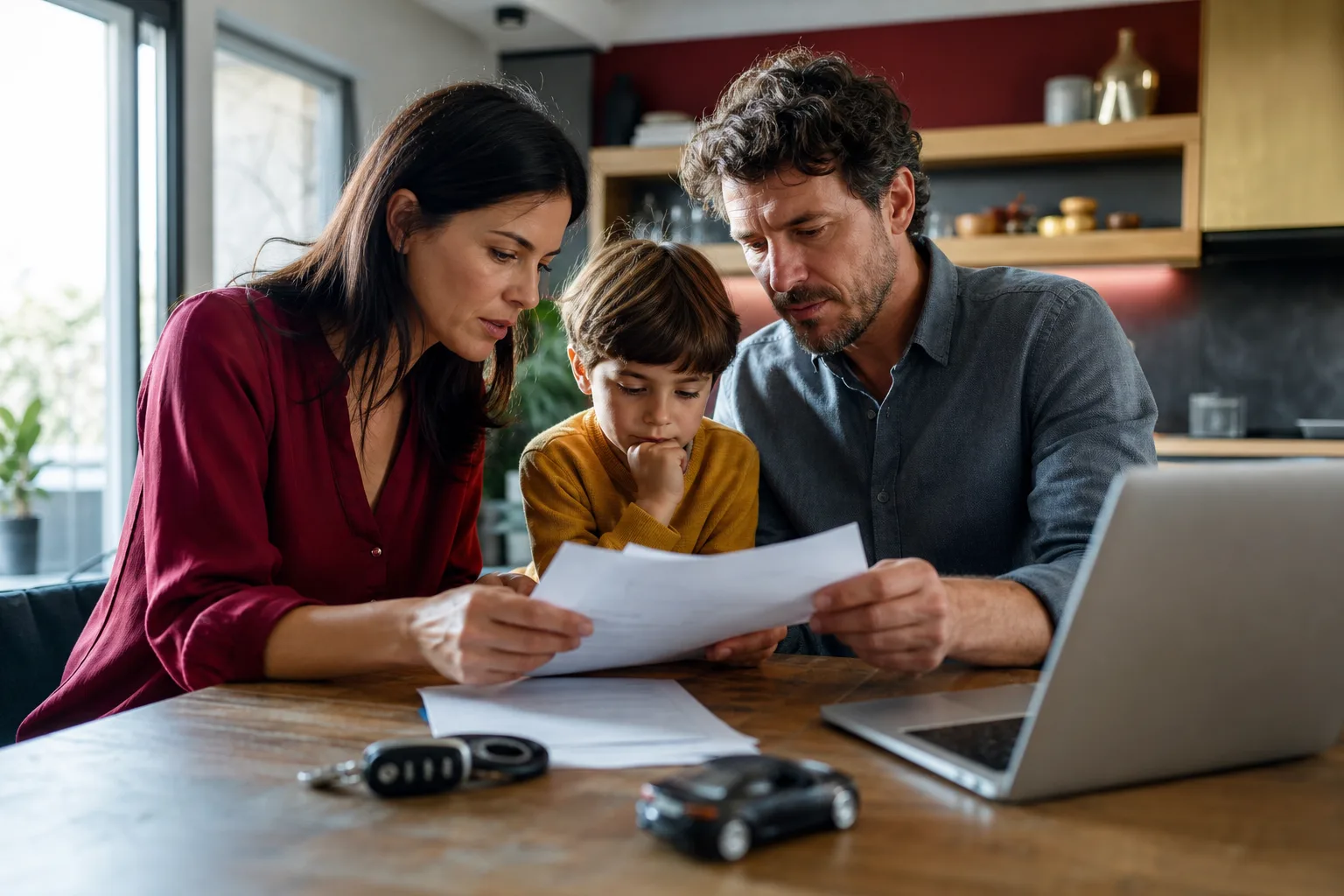 Famiglia che valuta documenti di assicurazione auto con chiavi e computer sul tavolo