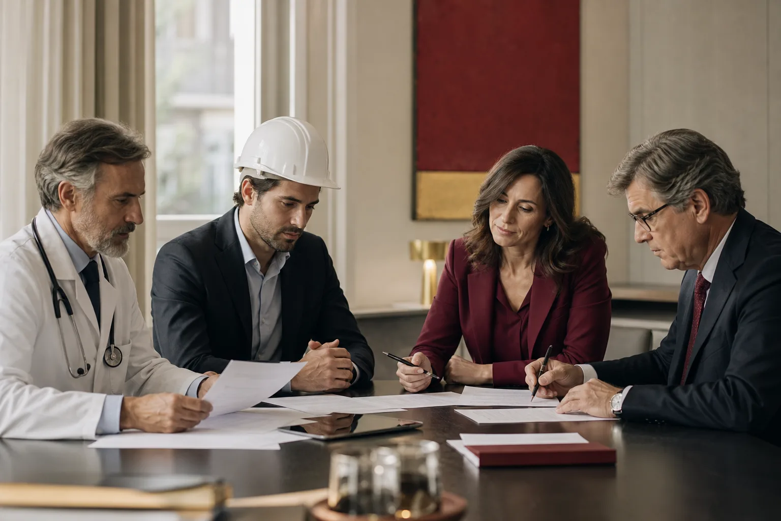 Professionisti riuniti attorno a un tavolo mentre analizzano documenti di responsabilità civile professionale
