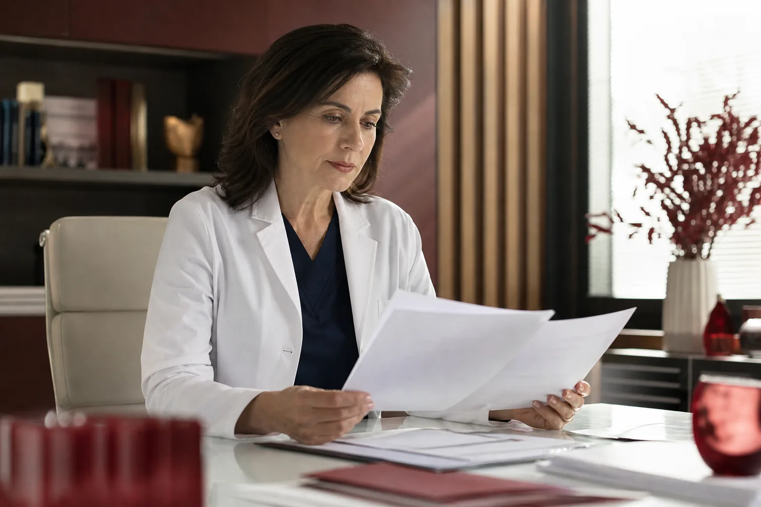 Professionista sanitario che consulta documenti assicurativi e cartelle cliniche in uno studio medico